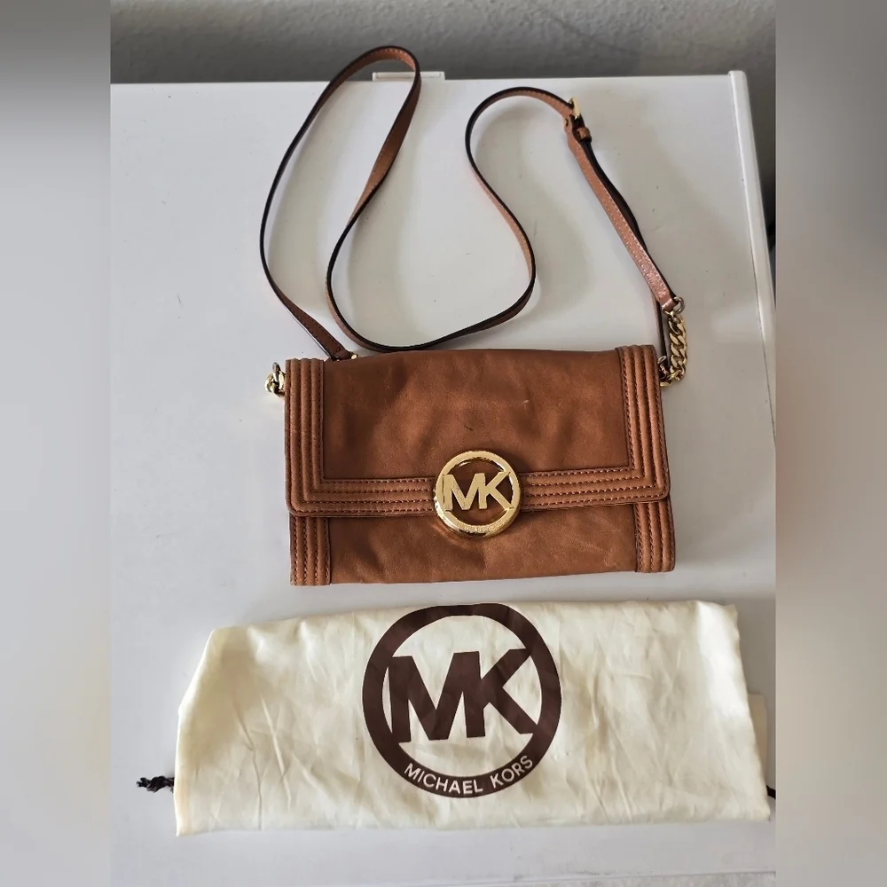 Michael Kors Women Fulton Brown Leather Crossbody Bag Gold Chain Strap Dustbag - Picture 7 of 16